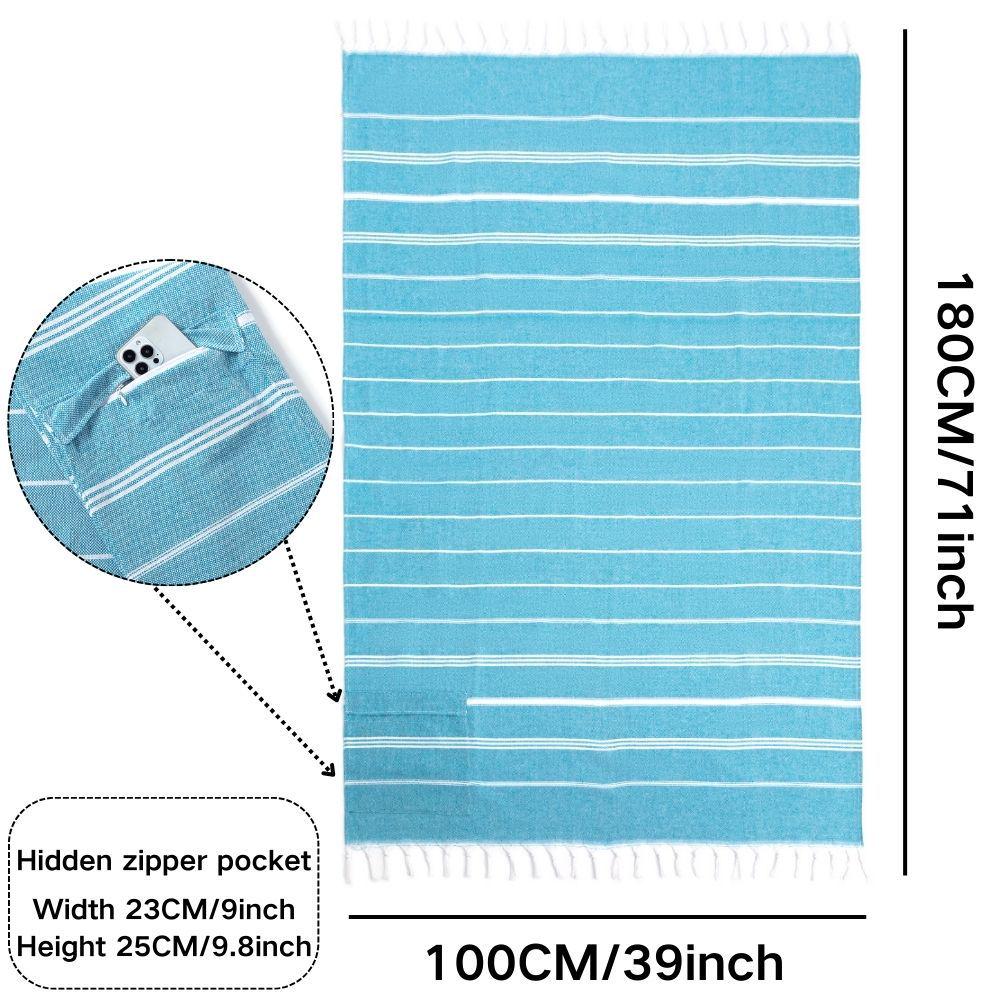 Cotton Striped Tassel Beach Towel with Invisible Zipper Pocket - Quick Dry & Absorbent