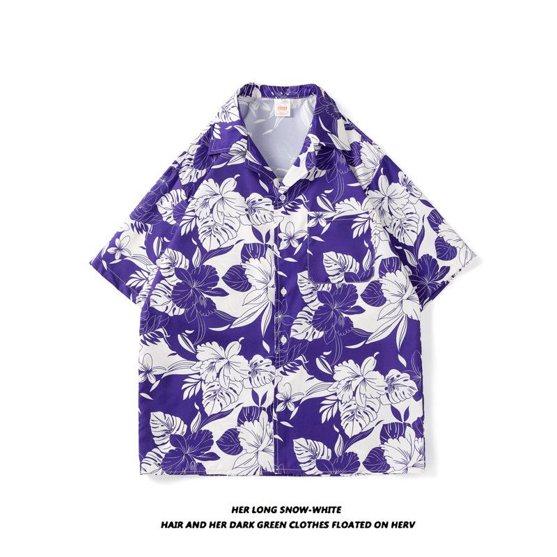Summer Fashion Men's Hawaiian Shirt Men's Beach Flower Print Shorts Sleeve Shirt