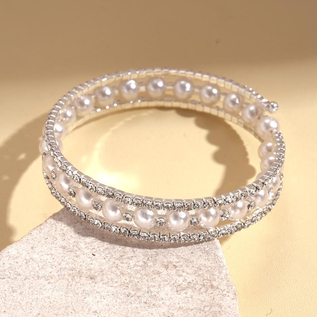European and American Court Style Diamond-encrusted Imitation Pearl Beaded Three-layer Open Bracelet Exquisite Light Luxury Jewelry