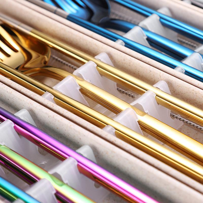 Flatware Dinnerware Travel 5pcs Camping Cutlery Set Fork Spoon Chopsticks Straw With Portable Case Stainless Steel Tableware Set