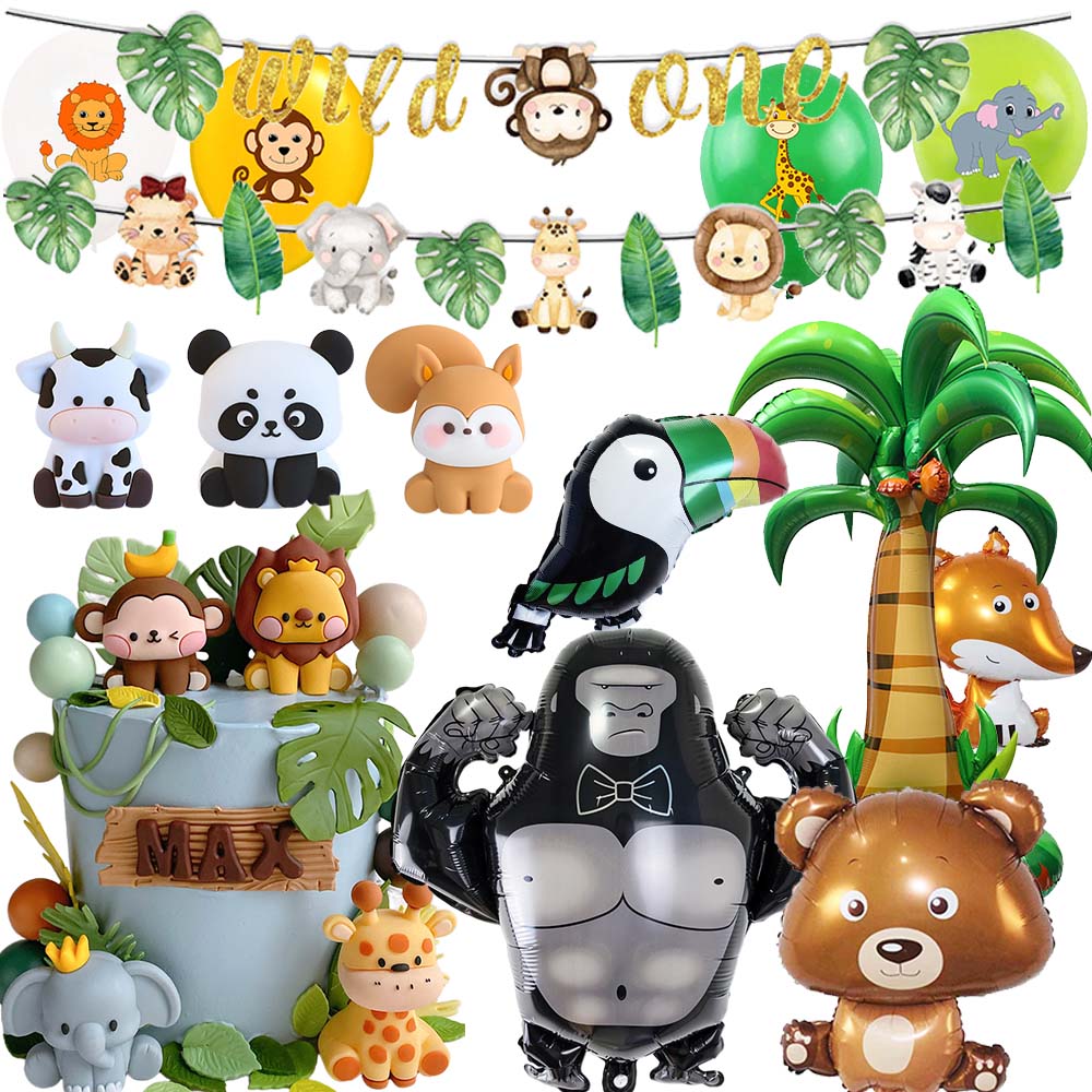 Jungle Safari Animal Kids Birthday Decorations Lions Tigers Giraffes Cake Topper Balloon Banner Party Baby Shower Supplies