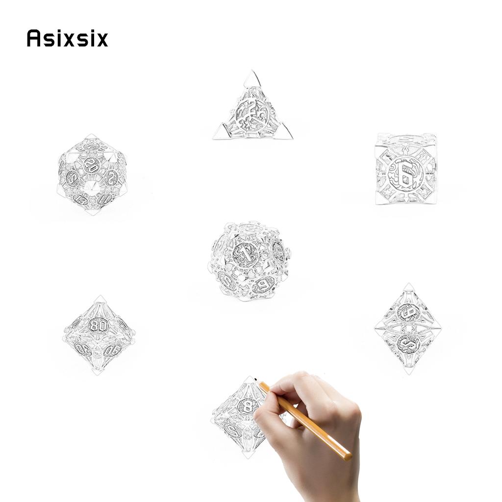7 Pcs Silver Green Metal Dice Hollow Metal Polyhedral Dice Set Suitable for Role-Playing RPG Board Game Card Game