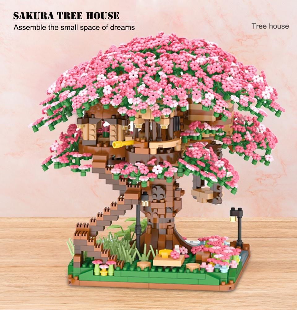 Non-Toxic Mini Sakura Tree Building Blocks Set Diy Cherry Blossom Bricks With Light Treehouse Model Ornament Romantic Gift For Childrenfriend