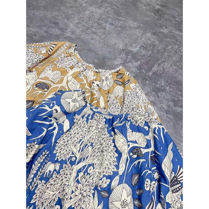 

Платье с принтом тушью с короткими рукавами, женское, лето 2024, новинка, милое, с круглым вырезом, из чистого хлопка, средней длины, тонкое платье-рубашка Blue All yards