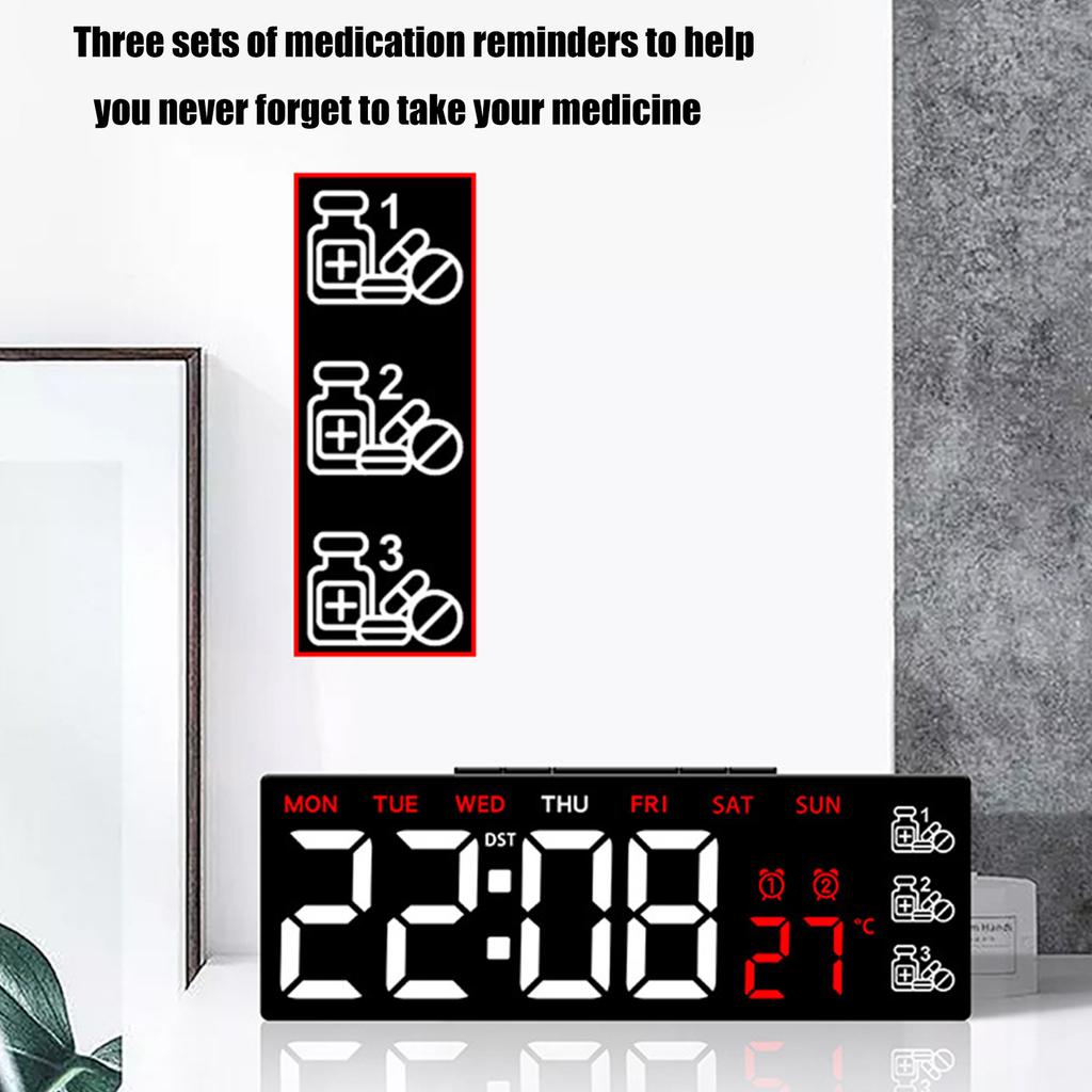 Modern LED Digital Alarm Clock With Pill Reminder And Brightness Adjustment Temperature Display For Home Office Decors