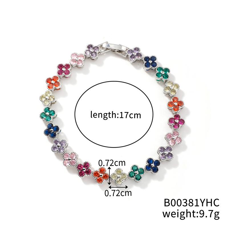Light Luxury Colorful Zircon Flower Charm Trendy 18K Gold Plated & Rhodium Plated Women's 17cm Rainbow Tennis Bracelet