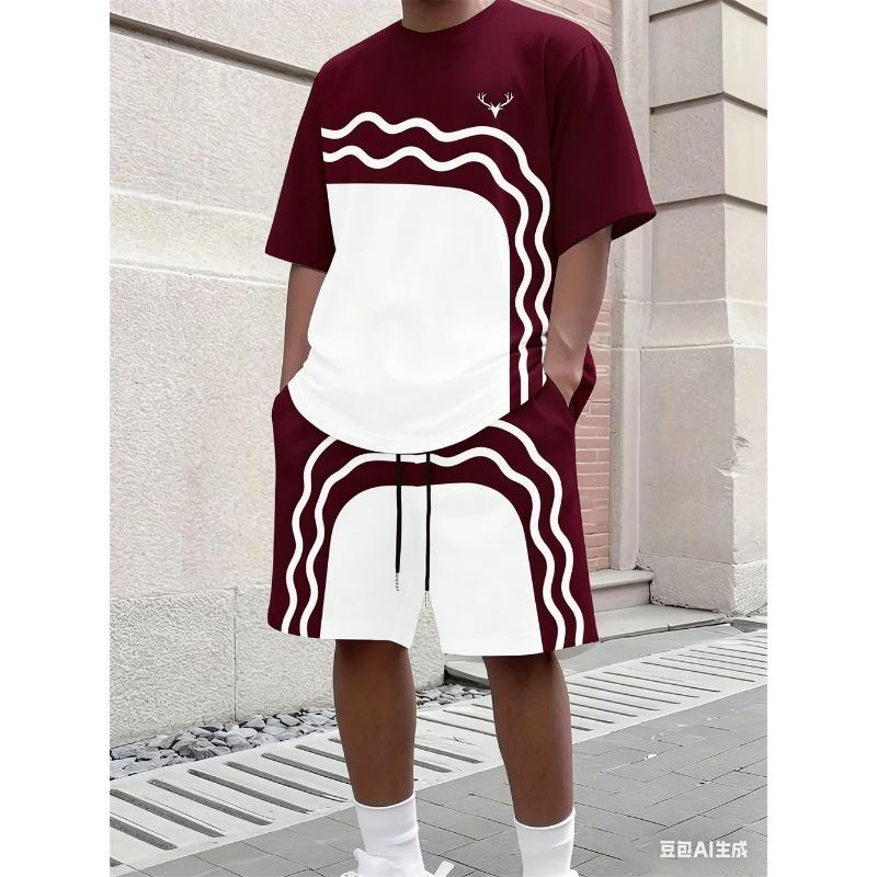 Men's Large Size Lion Pattern Print Fashion Round Neck Top T-shirt and Shorts Set