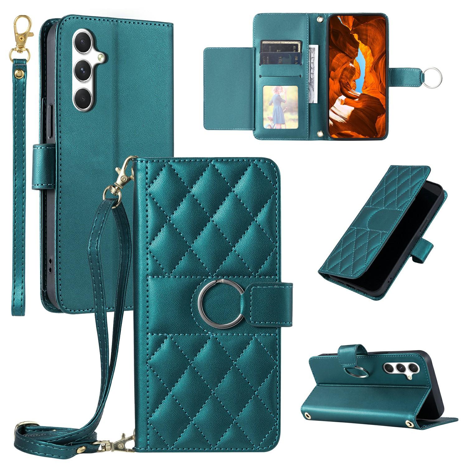 

For Samsung Galaxy S25 FE Case Ring Buckle Wallet Stand Rhombus Crossbody Leather Mobile Cover Green