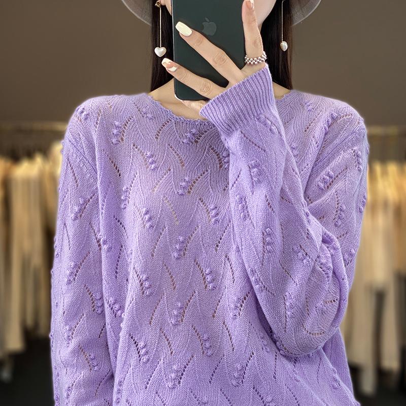 2023 Early Autumn Women's Round Neck Solid Loose Knit Hollow Wool Sweater Top