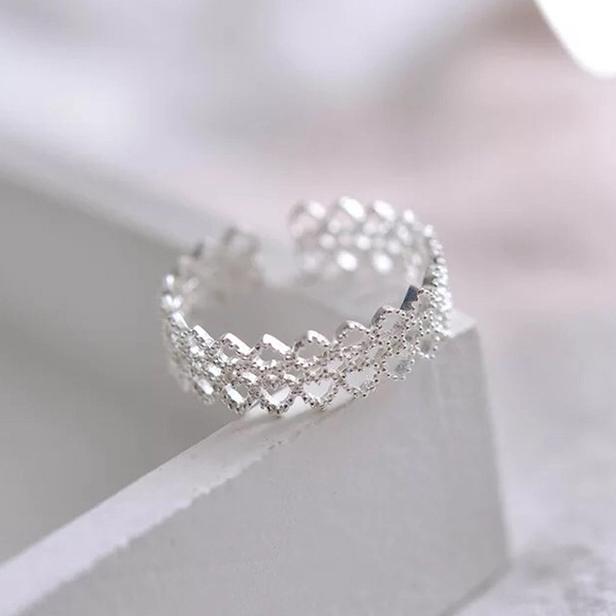 PONYKISS  Sterling Silver Hollow Lace Round Opening Rings for Women Trendy Adjustable Fine  Geometric Accessories