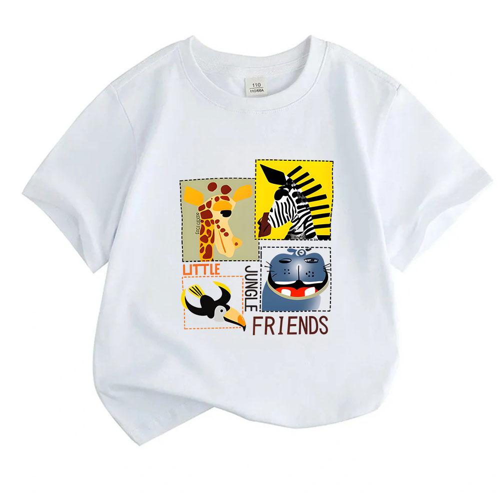 Kids Boys Girls 100% Cotton Crew Neck Short Sleeve T-Shirt, Cute Little Jungle Friends Giraffe Zebra Toucan Animal Printed Casual Tee for Daily Wear