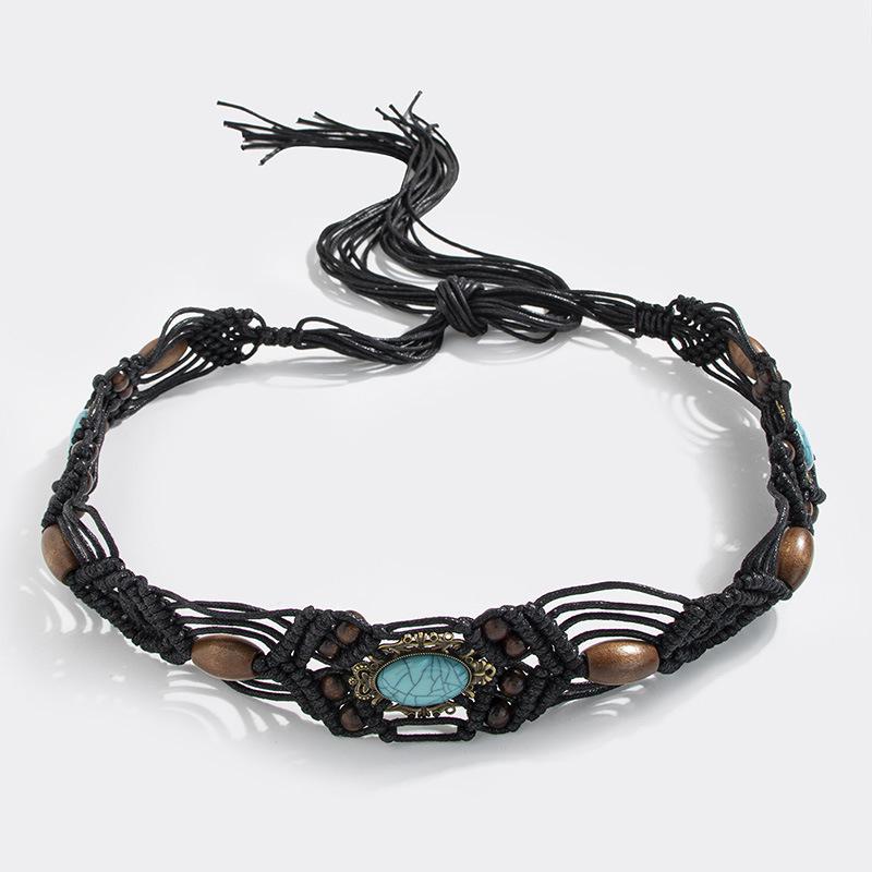 Bohemian Alloy Cat's Eye Crown Bead Braided Ethnic Handmade Women's Waist Rope
