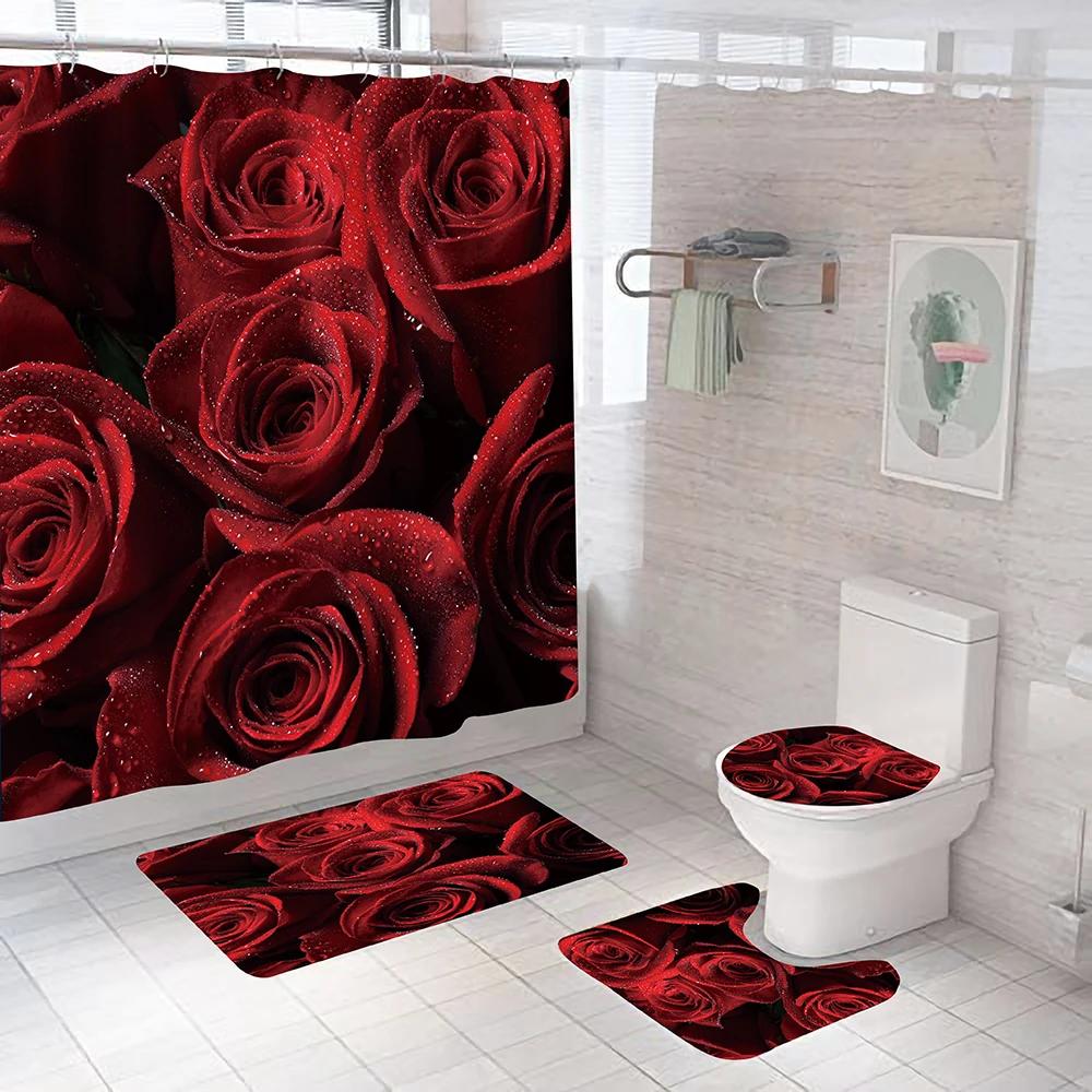 Red Rose Flowers Pattern Shower Curtain Set With Rugs Waterproof Bathing Screen Anti-Slip Toilet Lid Cover Rugs Bathroom Decor