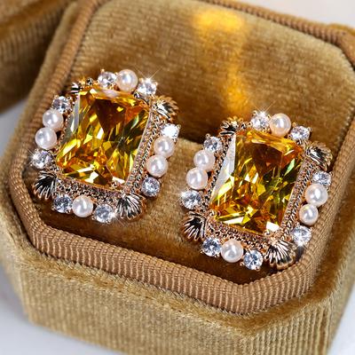 Eleganta gula cubic zirkon fyrkantiga örhängen för kvinnor glänsande kristall Brud Bröllopsfest örhängen Smycken