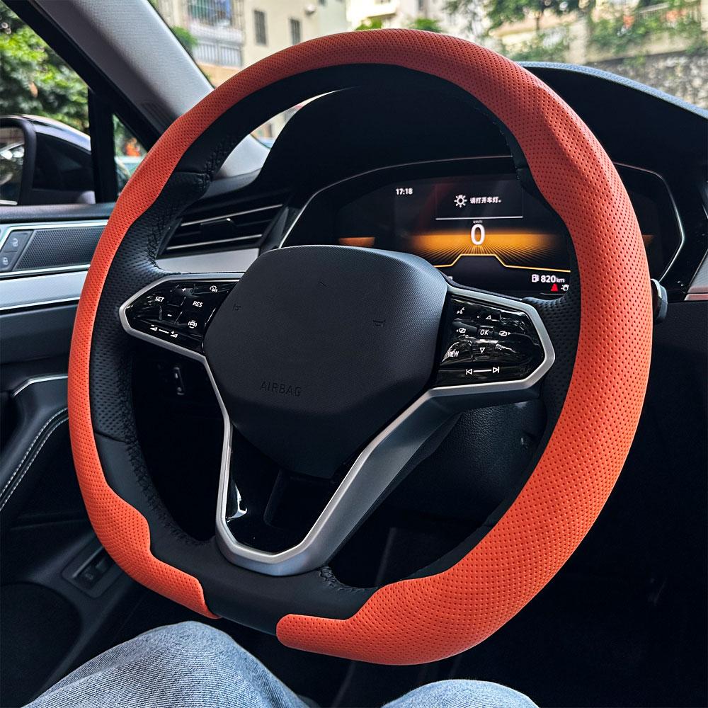 Leather Round Car Steering Wheel Cover Flat-Bottom Breathable Comfortable Feel Steering Wheel Cover D-type Steering Accessories
