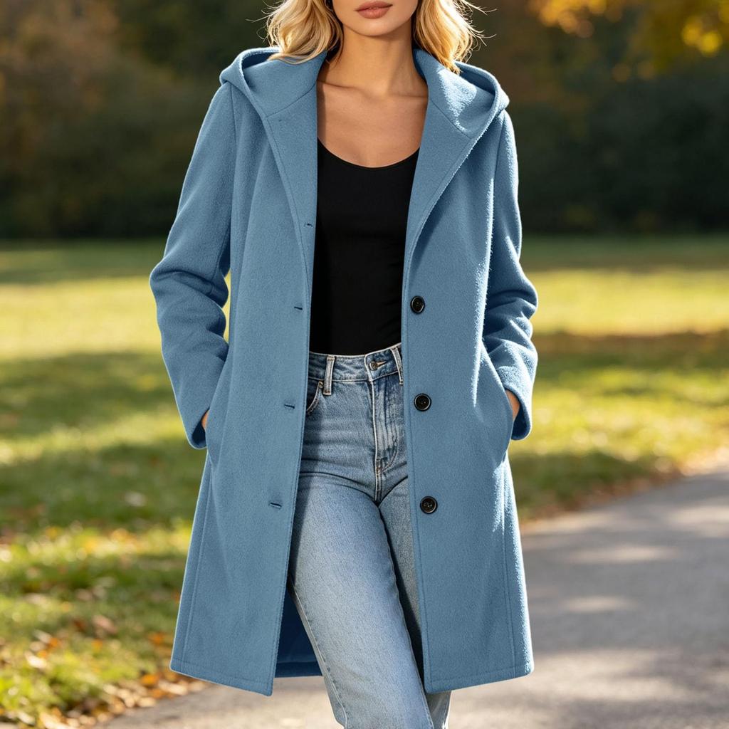 Women's Casual Hooded Single-Breasted Long Woolen Overcoat for Fall and Winter Everyday Wear