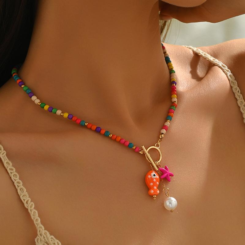 Bohemia Colorful Ceramic Fish Pendant Necklace for Women Handmade Beaded Pearl Starfish Necklace Summer Vacation Jewelry