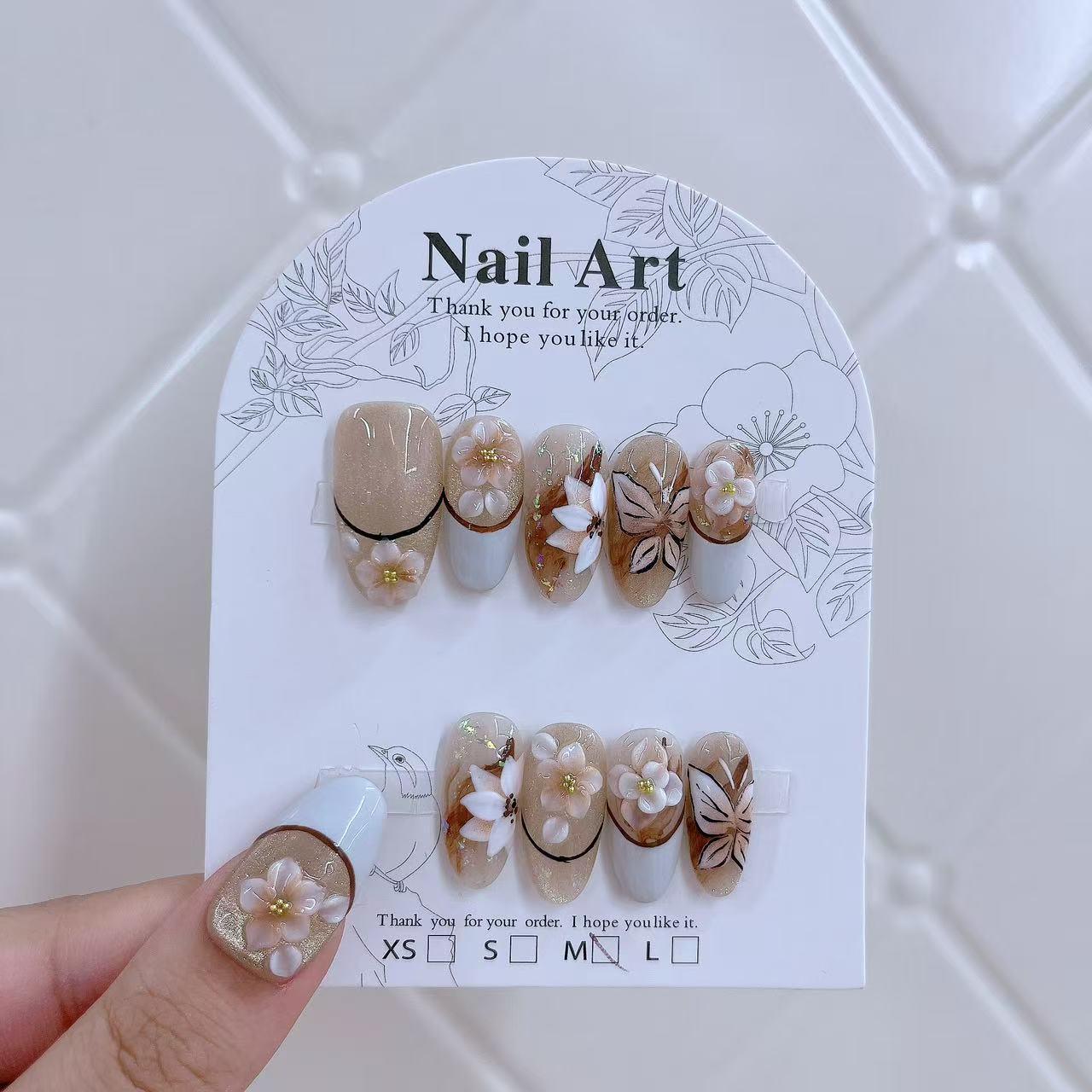 Jia Zhi Mu 3D Carved White French Butterfly Oval Fake Nails with Butterfly Knot Medium