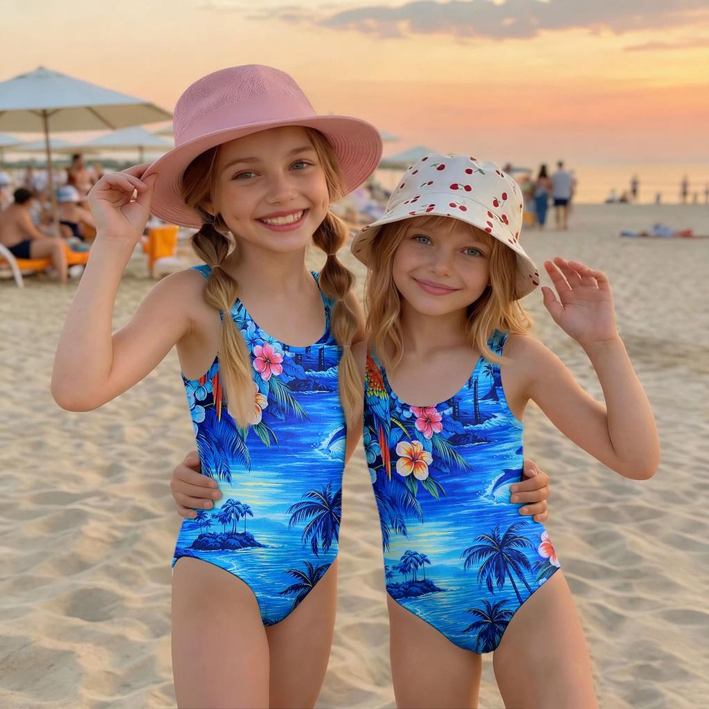 Girls One Piece Swimsuit Palm Tree Print Summer Beach Swimwear Lightweight Quick Dry Bathing Suit for Kids