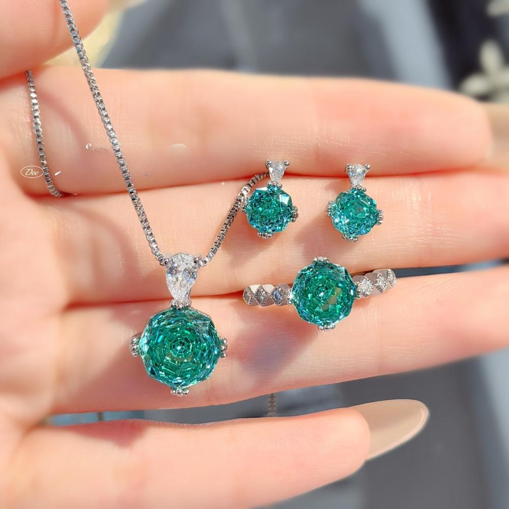 Rose Cut Paraiba Necklace Pendant with High Carbon Diamond Earrings Rose Flower Ring Jewelry Set
