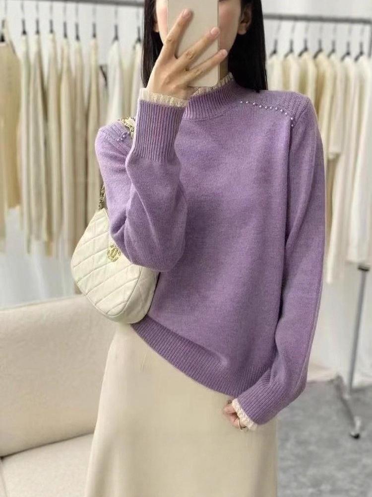 2025 Autumn/Winter Women's Stylish High Neck Ruffle Knit Sweater Pullover in Apricot