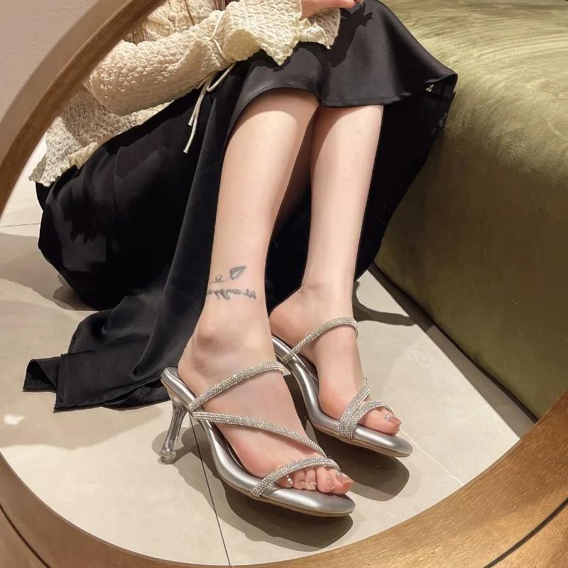 Fashion 2024 New Women's High Heels Crystal Rhinestone Slippers Summer Fashion Sexy Party Women's Shoes Open Toe Slippers Zapatos Mujer