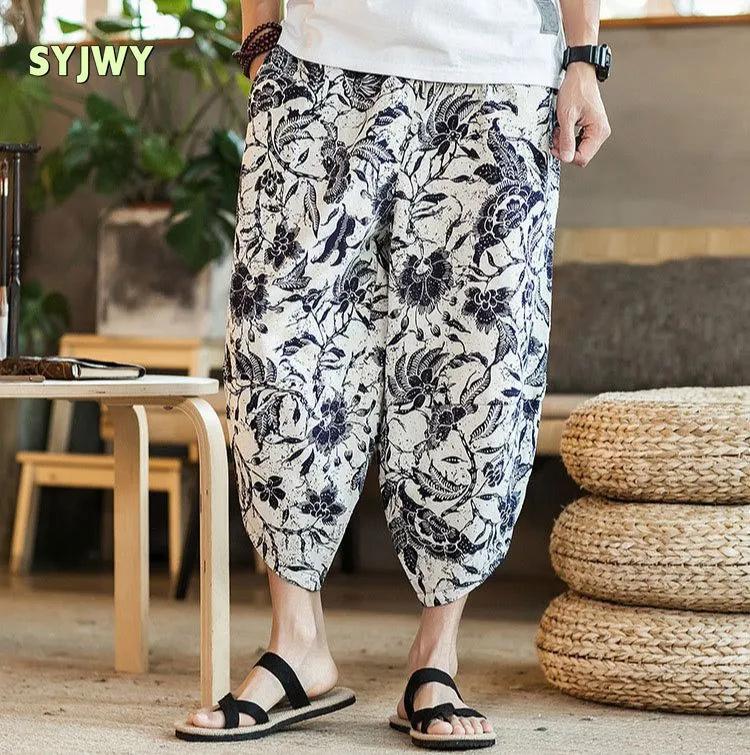 Cotton And Linen Pants Summer Beach Cropped Pants Men's Loose Large Size Bloomers Ethnic Floral Pants