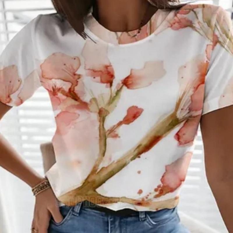 Colorful Flower and Butterfly 3D Printed T-shirt, Women's Round-neck Short-sleeved T-shirt, Women's Clothing
