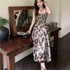 French Rose Print Lace Dress for Women Summer Autumn New Design Sense High Waist Wrapped Chic Strap Long Dresses