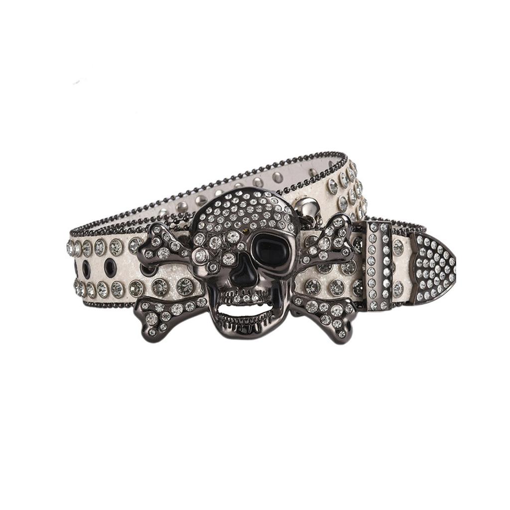 Adult Sequins Belt for Disco Party Waist Belt Rhinestones Skull Buckle Thin Waist Belt Street Cultures Enthusiasts Belt