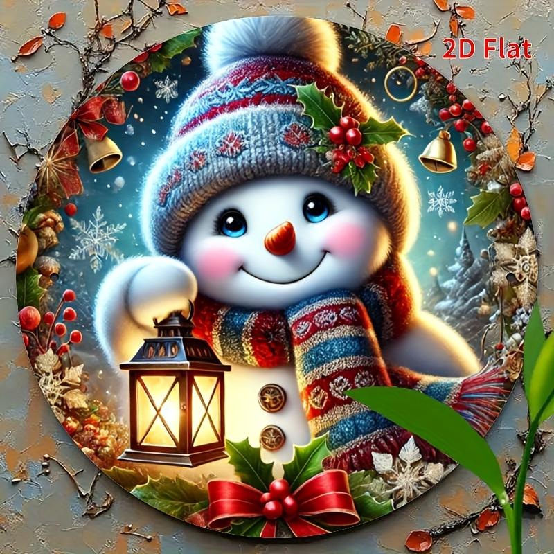 

D Flat Cute Snowman with Lantern Round Metal Tin Sign Cozy Winter Christmas Plaid Scarf Holly Berry Wall Decor Festive Holida 20x20cm(8x8inch)