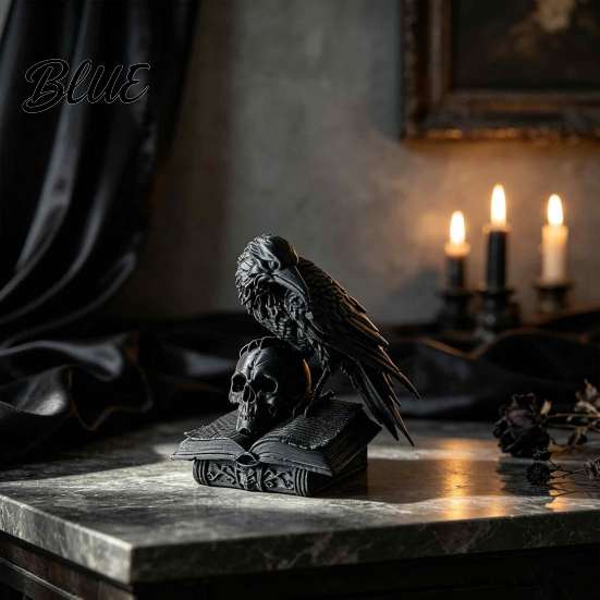 Matte Black Fantasy Ornament Raven Skull Statue 3D Printed Gothic Crow Figurine for Desk Dark Academia Style Decoration Shelf Spooky Halloween
