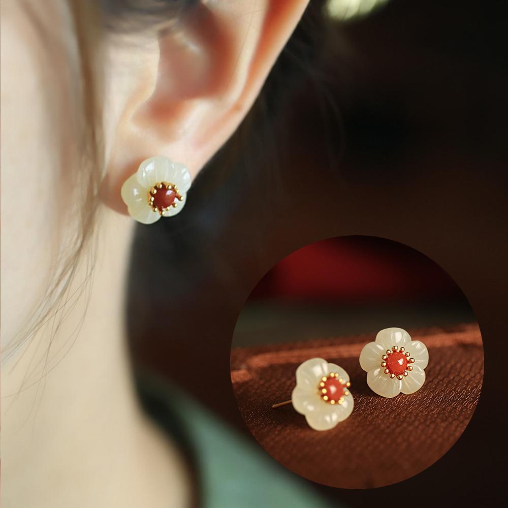 PANJBJ 925 Sterling Silver Rose Hotan Jade Earring for Women Girl Ethnic Style Versatile Temperament Jewelry Gift Dropshipping