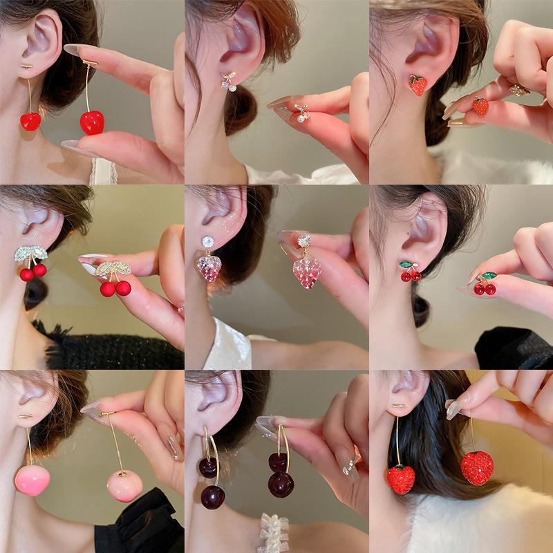 Sterling Silver Needle Earrings: Summer Sweet Strawberry, Cherry & Grape - Cute, Fresh, Versatile Ear Accessories