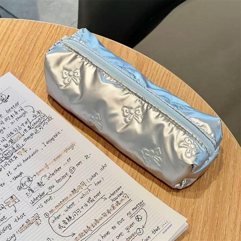 Silver Ballet Style Cute Bow Large Capacity Pencil Case Student Stationery Study Supplies Back To School Kawaii Bag
