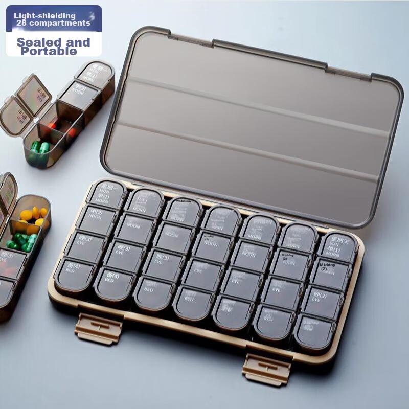 Jinlongxing Pill Organizer Box with 28 Compartments, Weekly Pill Reminder, Daily Medication Reminder, Portable Pill Dispenser for Elderly