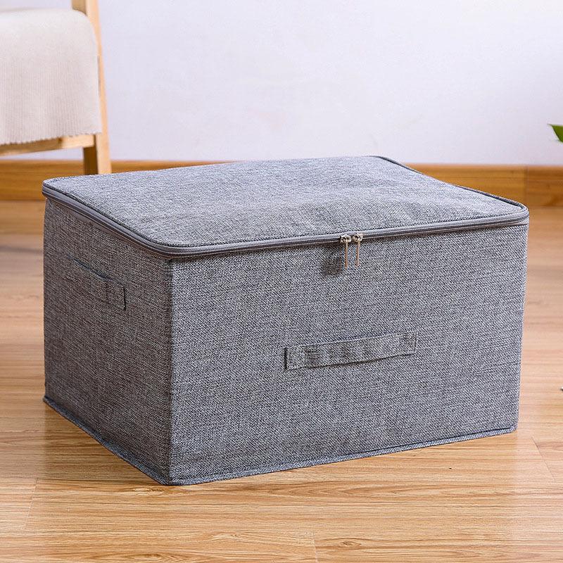 Cotton Linen Storage Box with PP Padded Bottom Foldable Zippers Storage Bag Organizer Case for Seasonal Duvets Clothes Bedding