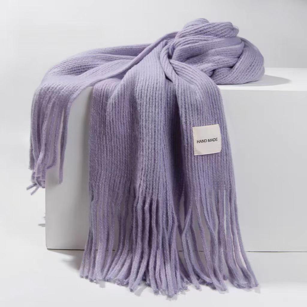 Women Girls Elegant Scarf Winter Thicken Warm Solid Color Knitted Long Tassel Scarves Soft Cotton Thickened Shawl Wraps Women