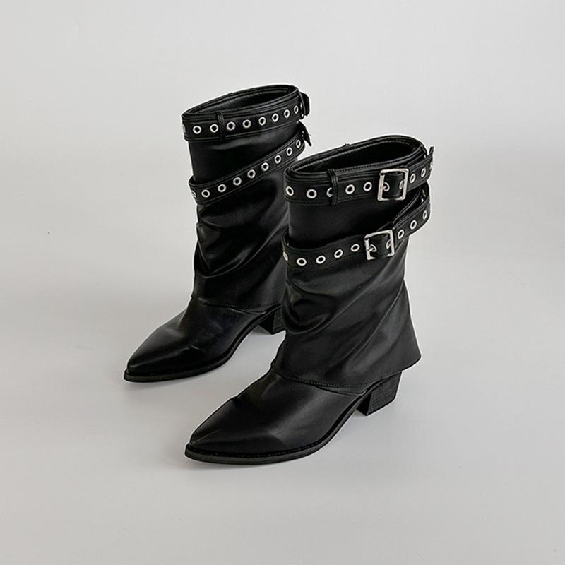

American Spice Girl Willow Spike Knight Boots Fashion Niche Retro Design Sense 2025 Autumn and Winter New Belt Buckle Stacking Boots 42 чёрный