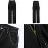 Pantaloni Cargo Streetwear Urbani, Pantaloni a Gamba Dritta Larghi a Vita Alta con Tasche Multiple, Jeans Neri Casual da Donna