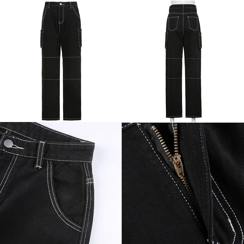 Pantaloni Cargo Streetwear Urbani, Pantaloni a Gamba Dritta Larghi a Vita Alta con Tasche Multiple, Jeans Neri Casual da Donna