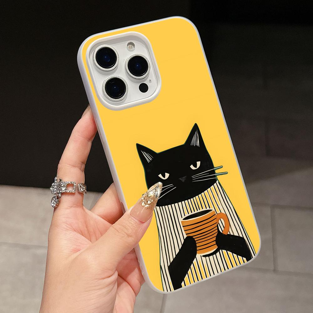 Cute Coffee Cat Jelly Double layer White Mobile Phone Case for iPhone 17 16 15 14 13 12 11 Air Pro Max Plus Protective