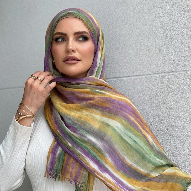 Ramadan Watercolor Modal Hijab Women Bohemian Watercolor Soft Muslim Hijabs Floral Breathable Shawl Wrap Scarf Headscarf Warm
