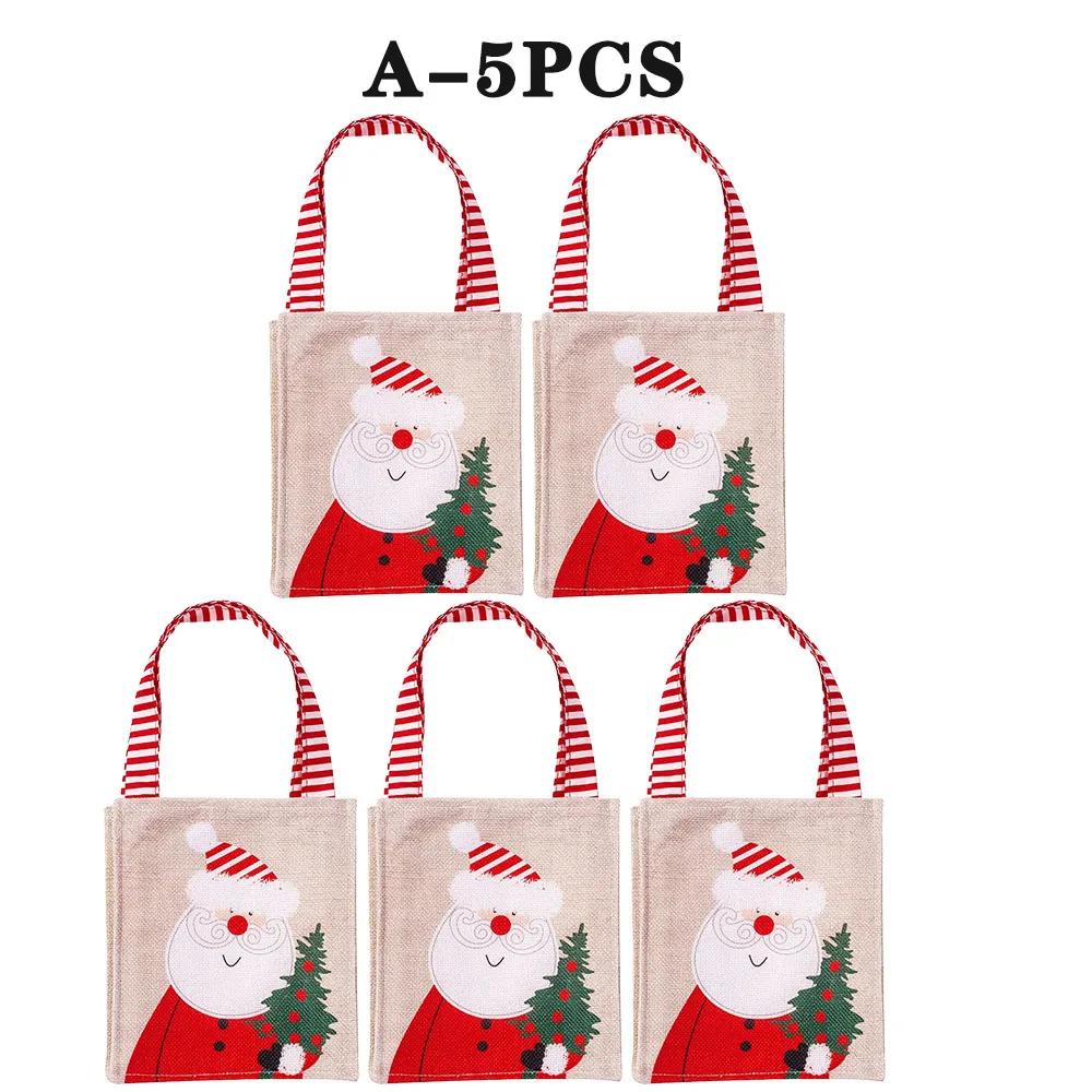 Christmas Candy Apple Pouch Santa Snowman Print Gift Bag Natural Jute Fabric Reusable Holiday Party Favor Storage
