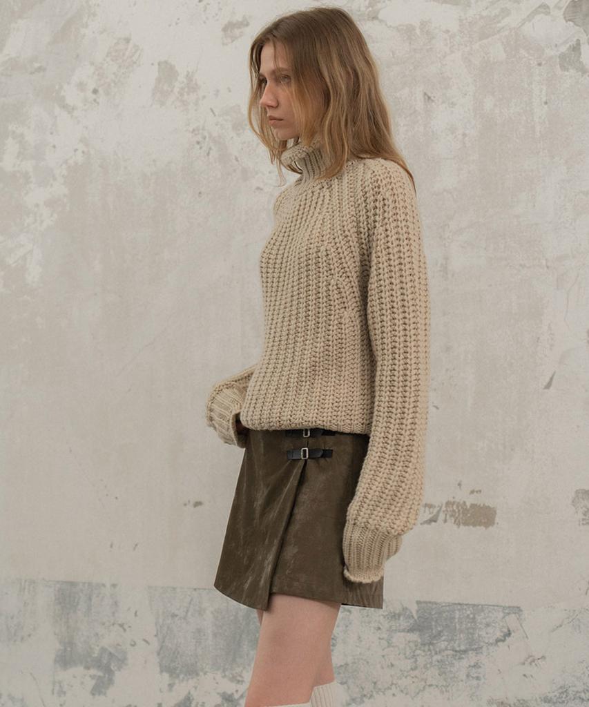 Mosyupamosyu Faux Leather Wrap Skirt Pants [Khaki]