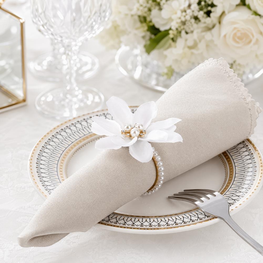 6Pcs White Lotus Napkin Rings, Chiffon Flower Metal Ring Holders, Faux Pearl Design For Wedding Bridal Shower Table Decor