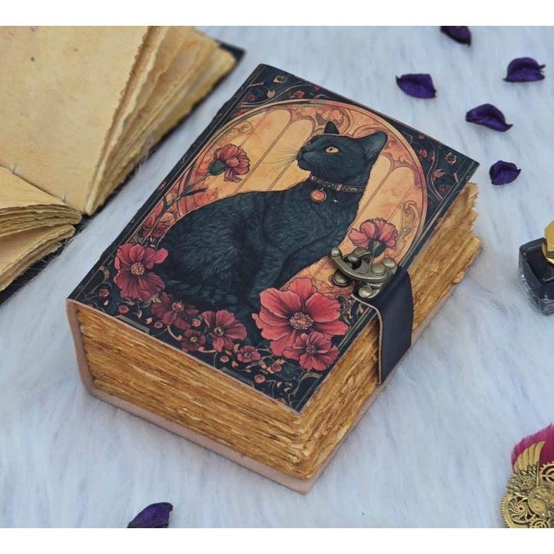 Mystic Black Cat Book | Handmade Vintage Leather Notebook | Witchy Grimoire | Gothic Writing Book with Lock | Blank Spell Book of Shadows
