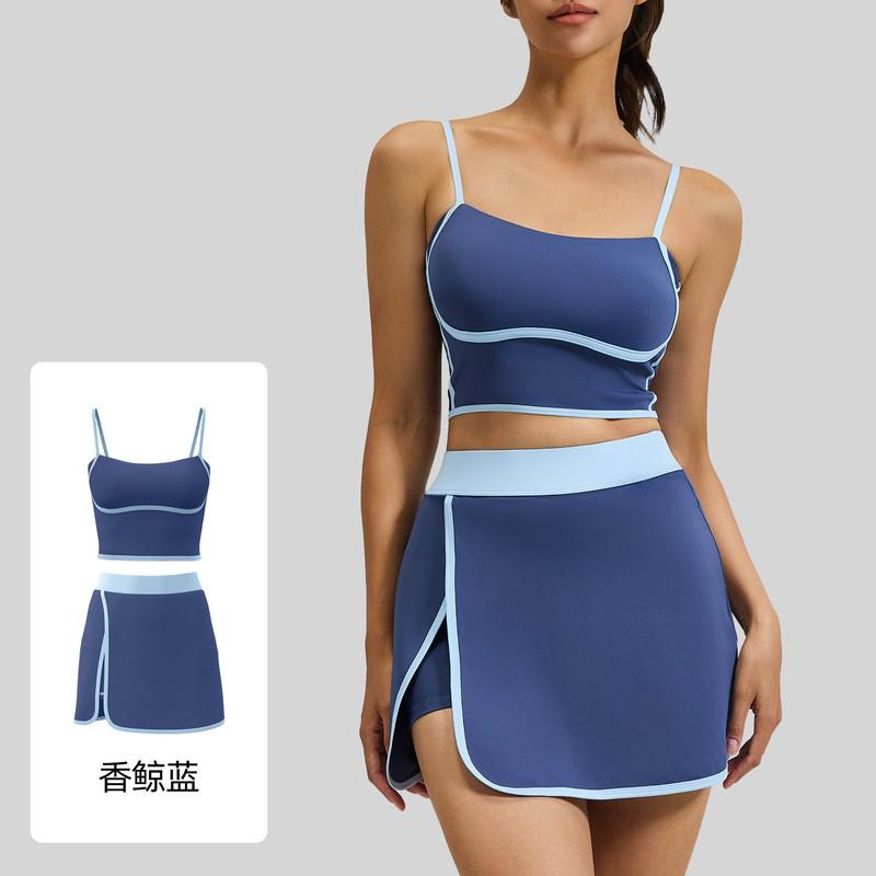 Womens High-Elastic Sport Set With Built-in Bra Skort Running Yoga Fitness Outdoor Activities