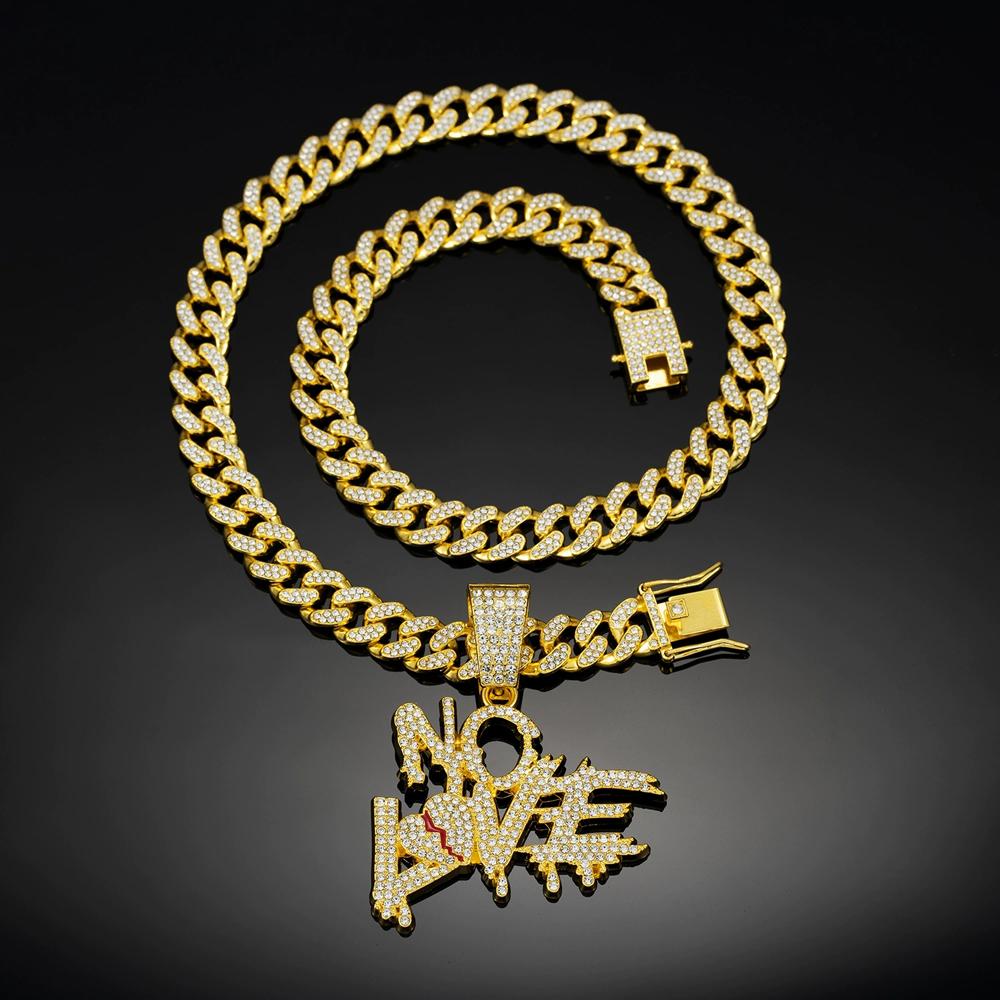 Men Women Hip Hop No Love Heart Letter Pendant Necklace with 13mm Cuban Chain Iced Out Bling Hiphop Necklaces Charm Jewelry Gift