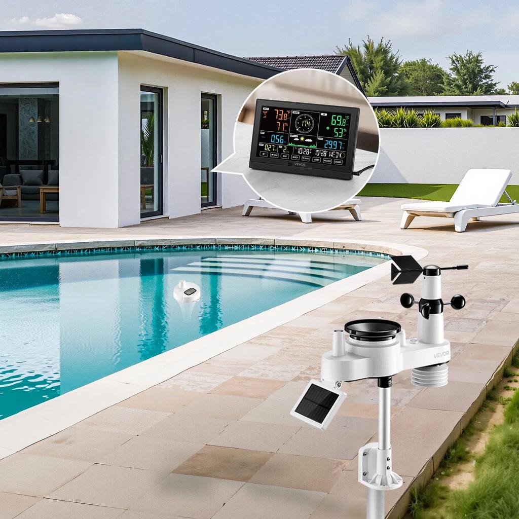 VEVOR 7-in-1 Wi-Fi Weather Station with APP, 190.5 Mm Display, Wireless Solar Powered Outdoor Sensor, with Pool Thermometer, Rain Gauge